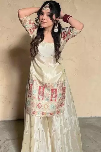 Women Ethnic Motifs Embroidered Regular Thread Work Kurta with Sharara & With Dupatta