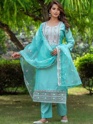 Women Ethnic Motifs Embroidered Regular Thread Work Chanderi Silk Kurta with Trousers & With Dupatta 1
