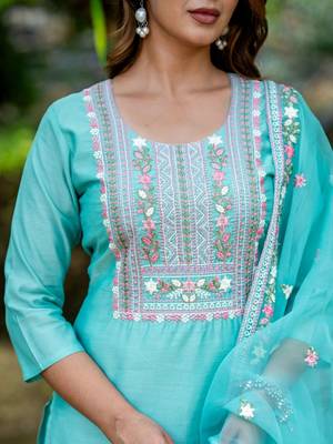 Women Ethnic Motifs Embroidered Regular Thread Work Chanderi Silk Kurta with Trousers & With Dupatta 5