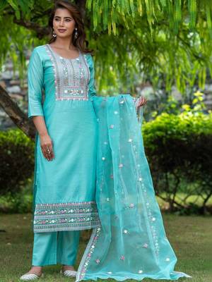 Women Ethnic Motifs Embroidered Regular Thread Work Chanderi Silk Kurta with Trousers & With Dupatta 7