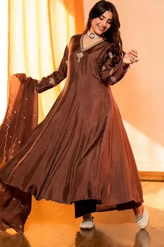 Women Ethnic Motifs Embroidered Panelled Thread Work Kurta with Palazzos & With Dupatta