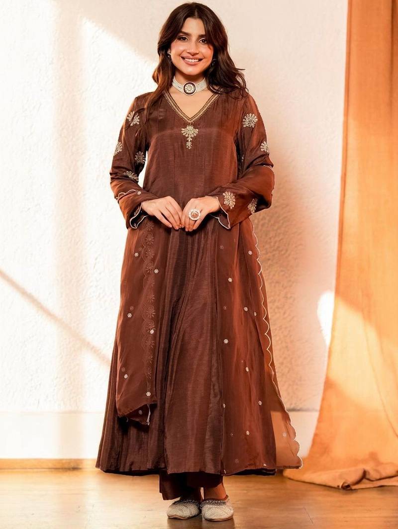 Women Ethnic Motifs Embroidered Panelled Thread Work Kurta with Palazzos & With Dupatta