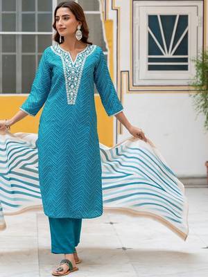 Women Ethnic Motifs Printed Regular Thread Work Kurta with Trousers & With Dupatta 1