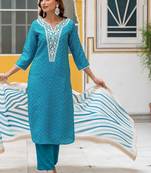 Women Ethnic Motifs Printed Regular Thread Work Kurta with Trousers & With Dupatta