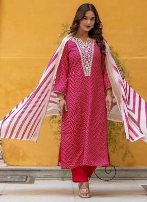 Women Leheriya Dyed Regular Thread Work Kurta with Trousers & With Dupatta 1