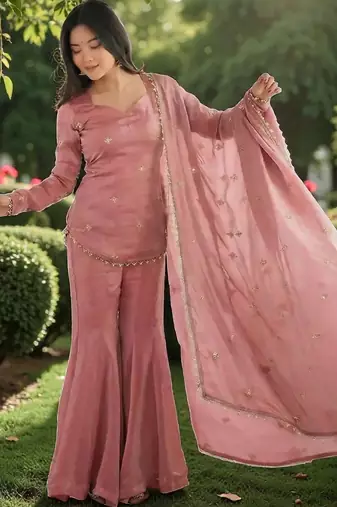 Women Embroidered Regular Gotta Patti Kurti with Sharara & With Dupatta