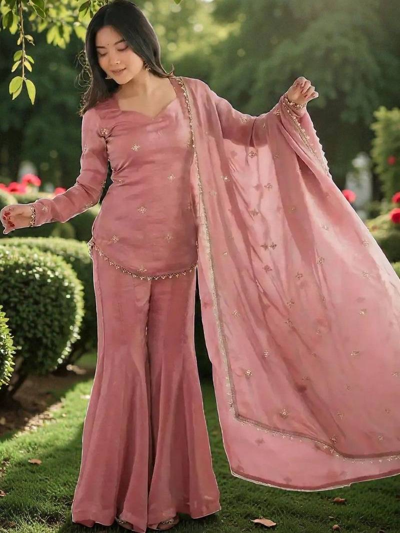 Women Embroidered Regular Gotta Patti Kurti with Sharara & With Dupatta
