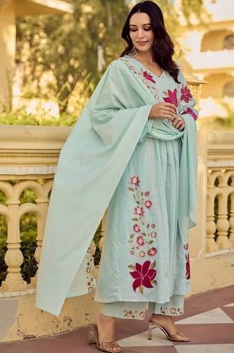 Floral Embroidered Empire Thread Work Pure Cotton Kurta with Palazzos & Dupatta
