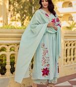 Floral Embroidered Empire Thread Work Pure Cotton Kurta with Palazzos & Dupatta