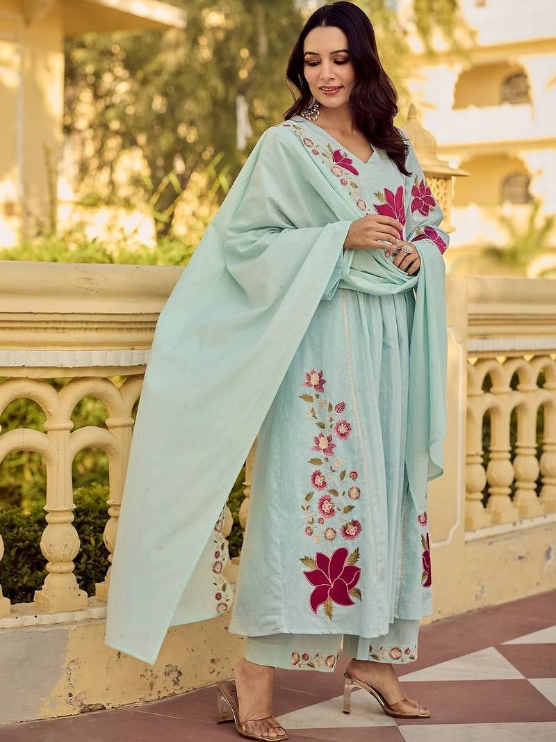 Floral Embroidered Empire Thread Work Pure Cotton Kurta with Palazzos & Dupatta