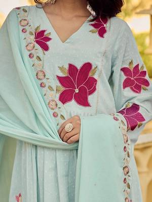 Floral Embroidered Empire Thread Work Pure Cotton Kurta with Palazzos & Dupatta 2