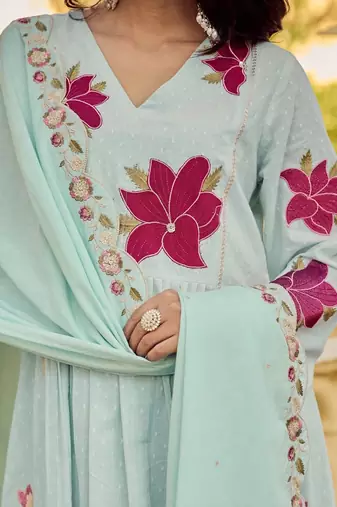 Floral Embroidered Empire Thread Work Pure Cotton Kurta with Palazzos & Dupatta