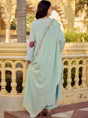 Floral Embroidered Empire Thread Work Pure Cotton Kurta with Palazzos & Dupatta 3