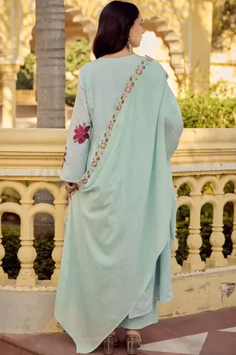Floral Embroidered Empire Thread Work Pure Cotton Kurta with Palazzos & Dupatta