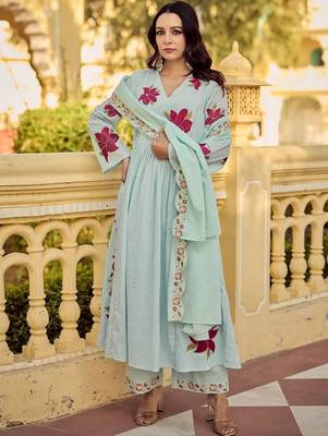 Floral Embroidered Empire Thread Work Pure Cotton Kurta with Palazzos & Dupatta 4