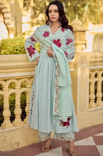 Floral Embroidered Empire Thread Work Pure Cotton Kurta with Palazzos & Dupatta