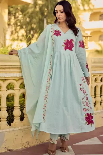 Floral Embroidered Empire Thread Work Pure Cotton Kurta with Palazzos & Dupatta