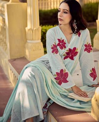 Floral Embroidered Empire Thread Work Pure Cotton Kurta with Palazzos & Dupatta 6