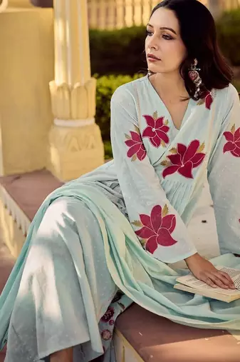 Floral Embroidered Empire Thread Work Pure Cotton Kurta with Palazzos & Dupatta
