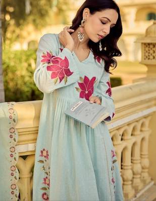 Floral Embroidered Empire Thread Work Pure Cotton Kurta with Palazzos & Dupatta 7