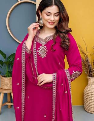 Women Ethnic Motifs Embroidered Regular Thread Work Kurta with Trousers & With Dupatta 5