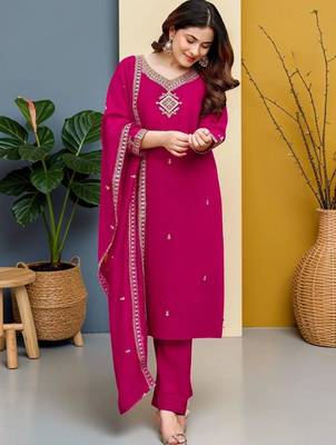 Women Ethnic Motifs Embroidered Regular Thread Work Kurta with Trousers & With Dupatta 7