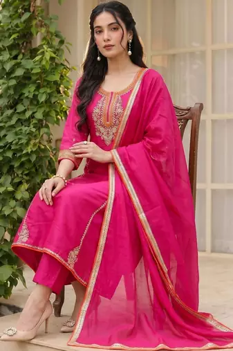 Women Ethnic Motifs Embroidered Regular Thread Work Kurta with Trousers & With Dupatta