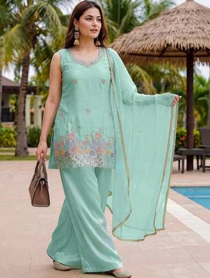 Women Ethnic Motifs Embroidered Regular Sequinned Kurta with Palazzos & With Dupatta 3