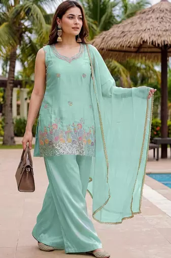 Women Ethnic Motifs Embroidered Regular Sequinned Kurta with Palazzos & With Dupatta