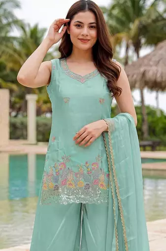 Women Ethnic Motifs Embroidered Regular Sequinned Kurta with Palazzos & With Dupatta