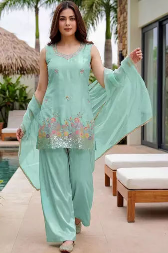 Women Ethnic Motifs Embroidered Regular Sequinned Kurta with Palazzos & With Dupatta