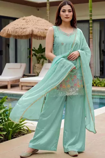 Women Ethnic Motifs Embroidered Regular Sequinned Kurta with Palazzos & With Dupatta