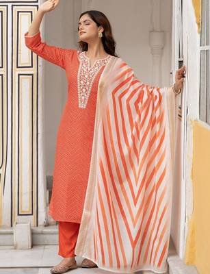 Women Ethnic Motifs Embroidered Regular Thread Work Pure Cotton Kurta with Trousers & With Dupatta 4