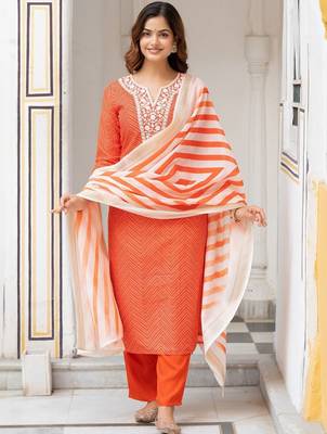 Women Ethnic Motifs Embroidered Regular Thread Work Pure Cotton Kurta with Trousers & With Dupatta 5
