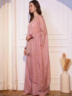 Women Ethnic Motifs Embroidered Regular Thread Work Kurta with Sharara & With Dupatta 3