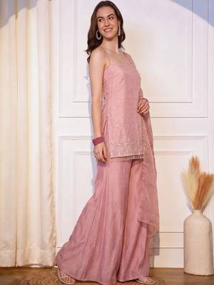 Women Ethnic Motifs Embroidered Regular Thread Work Kurta with Sharara & With Dupatta 5