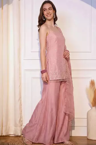 Women Ethnic Motifs Embroidered Regular Thread Work Kurta with Sharara & With Dupatta
