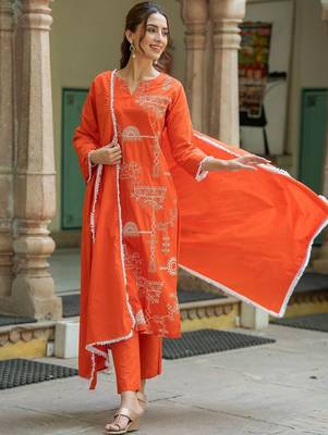 Women Ethnic Motifs Embroidered Regular Thread Work Pure Cotton Kurta with Trousers & With Dupatta 1