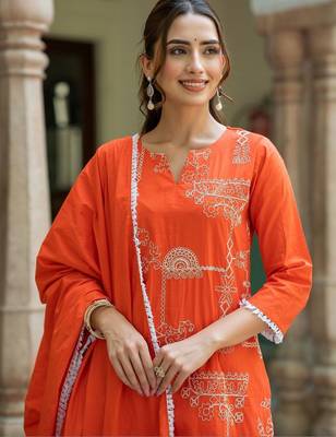 Women Ethnic Motifs Embroidered Regular Thread Work Pure Cotton Kurta with Trousers & With Dupatta 2
