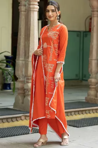 Women Ethnic Motifs Embroidered Regular Thread Work Pure Cotton Kurta with Trousers & With Dupatta