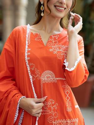 Women Ethnic Motifs Embroidered Regular Thread Work Pure Cotton Kurta with Trousers & With Dupatta 5