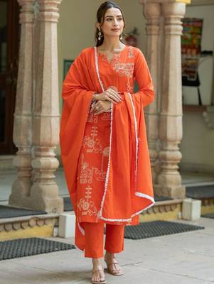 Women Ethnic Motifs Embroidered Regular Thread Work Pure Cotton Kurta with Trousers & With Dupatta 6