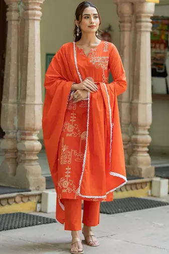 Women Ethnic Motifs Embroidered Regular Thread Work Pure Cotton Kurta with Trousers & With Dupatta