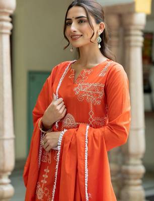 Women Ethnic Motifs Embroidered Regular Thread Work Pure Cotton Kurta with Trousers & With Dupatta 7