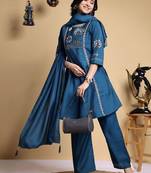 Women Floral Embroidered Pleated Thread Work Kurta with Palazzos & With Dupatta