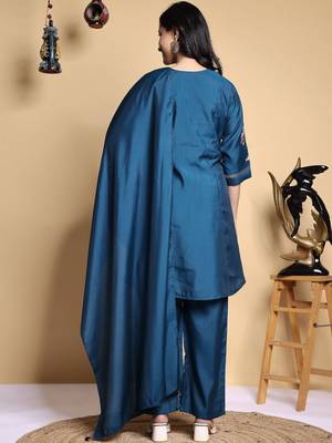 Women Floral Embroidered Pleated Thread Work Kurta with Palazzos & With Dupatta 4