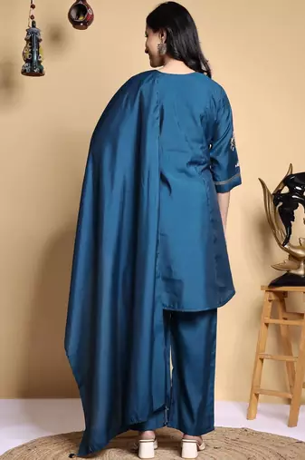 Women Floral Embroidered Pleated Thread Work Kurta with Palazzos & With Dupatta