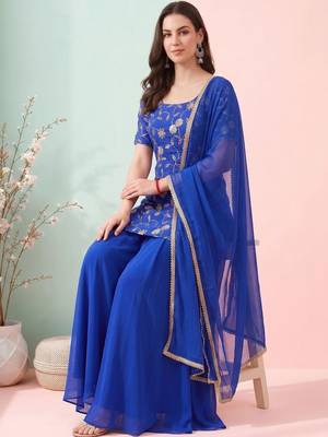 Women Ethnic Motifs Embroidered Regular Thread Work Kurta with Sharara & With Dupatta 1