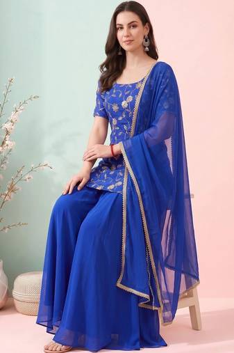 Women Ethnic Motifs Embroidered Regular Thread Work Kurta with Sharara & With Dupatta
