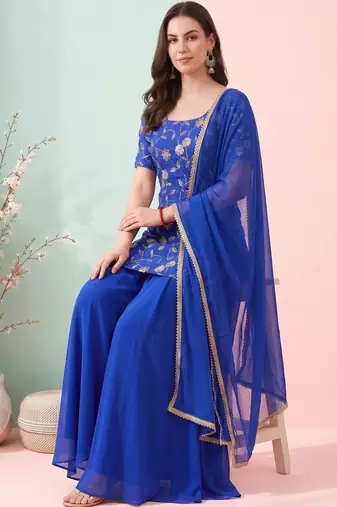 Women Ethnic Motifs Embroidered Regular Thread Work Kurta with Sharara & With Dupatta